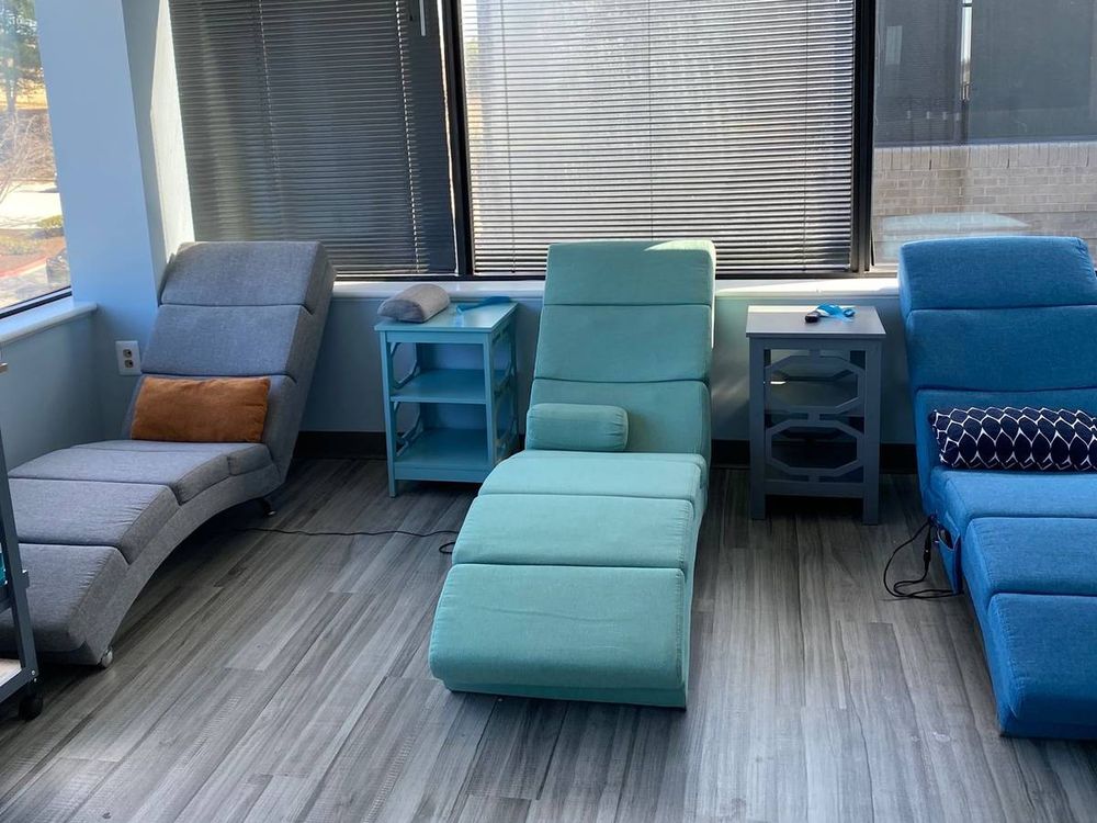 Reclining chairs beside the clinic’s treatment-room windows.