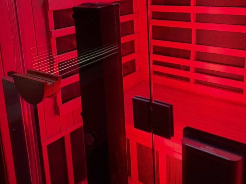 The infrared sauna cabin at the clinic.