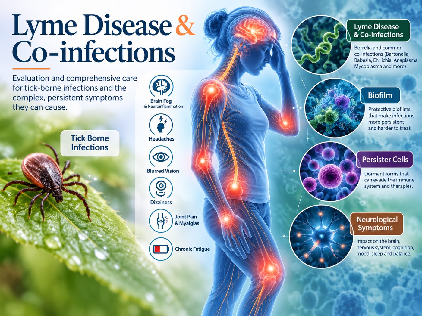 Lyme disease and tick-borne co-infections, an overview of common symptoms.
