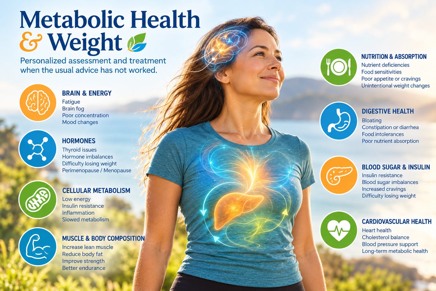 Metabolic health and weight: personalized assessment covering energy, hormones, cellular metabolism, digestion, blood sugar and cardiovascular health.