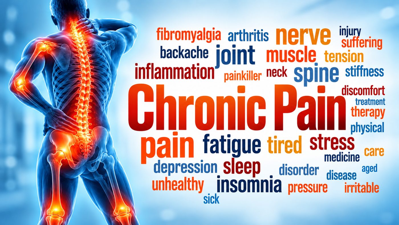 Chronic pain: an illustration of the spine and joints surrounded by the words people use to describe living with it.